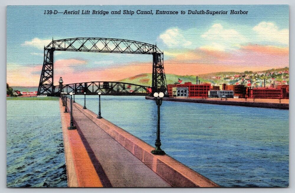 Vintage Duluth MN Aerial Lift Bridge Linen Postcard 139-DCurt Teich 1941 Unused